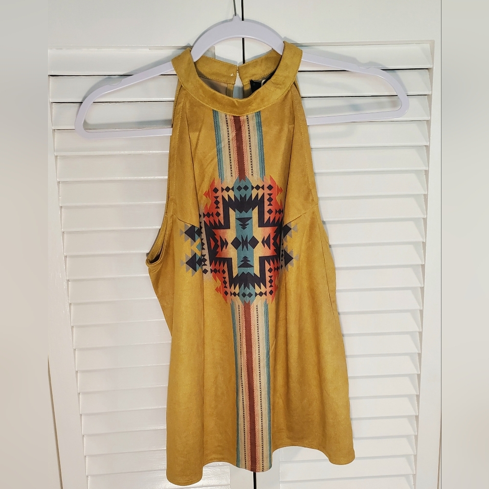 Fashion Express Suede Yellow Aztec Pattern Tank Top